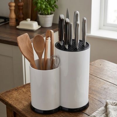 pot ustensiles cuisine 2 compartiments blanc