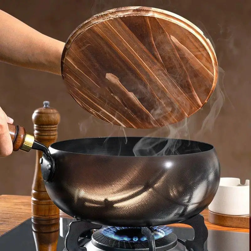 wok japonais fer forge couvercle bois
